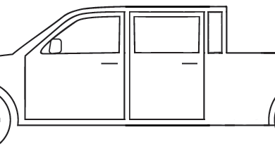 Line drawing of an extended crew or mega cab pickup truck with full-size front door and full-size rear door and a window between the rear door and the truck bed