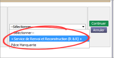 option du menu droulant pour renvoi et reconstruction