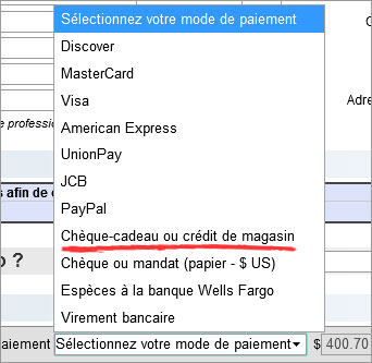 menu droulant avec les modes de paiement affichs